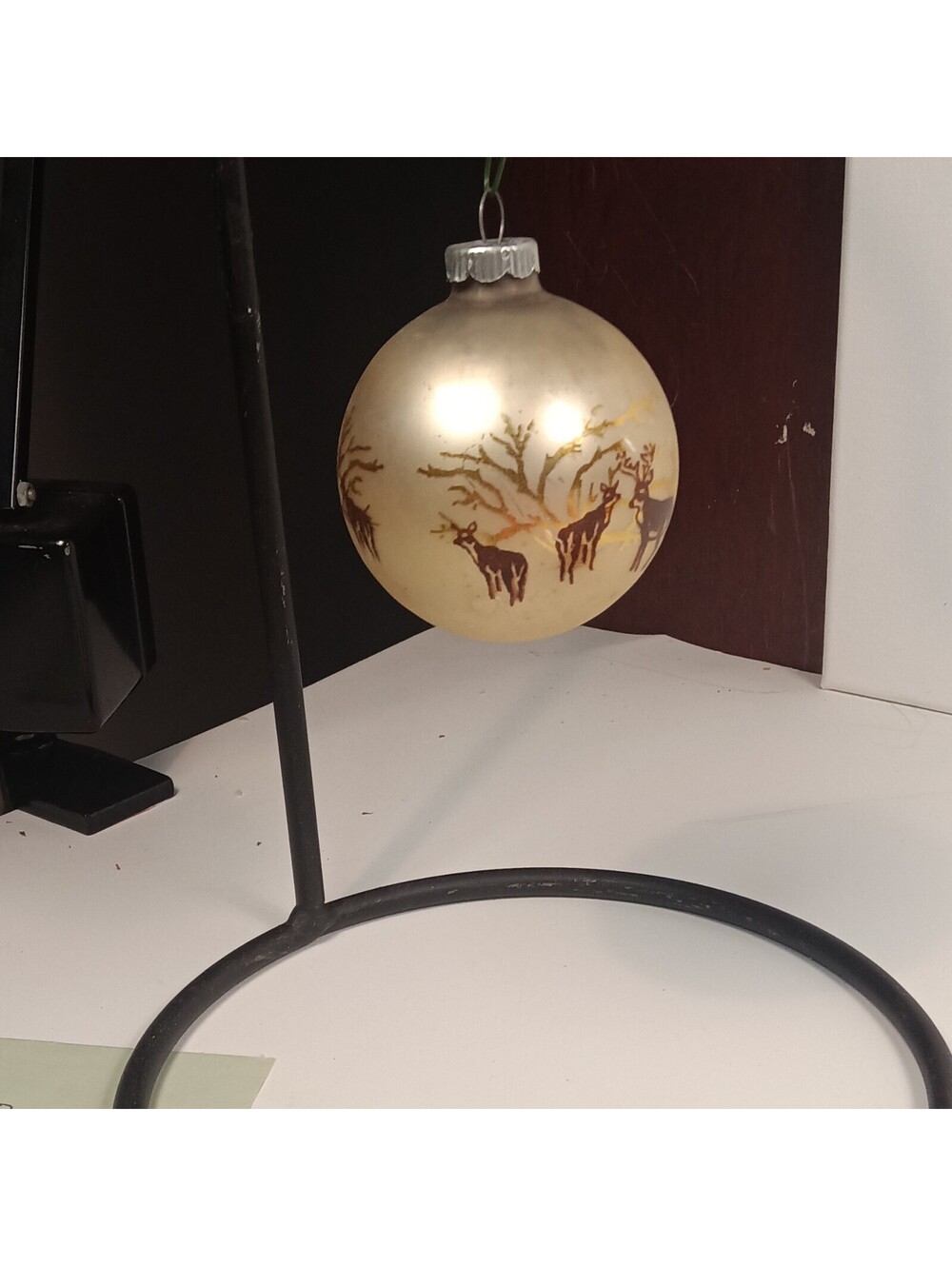 Pre-War Shiny Brite Christmas Ornament Glass Stencil Deer Winter Scene US of A